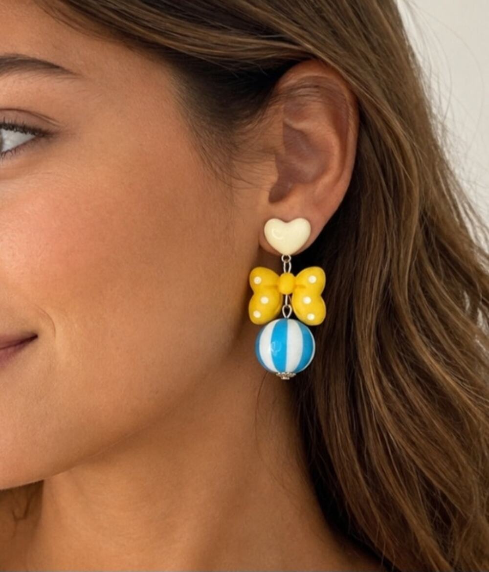 Dopamine Yellow Bow Blue Ball Earrings New